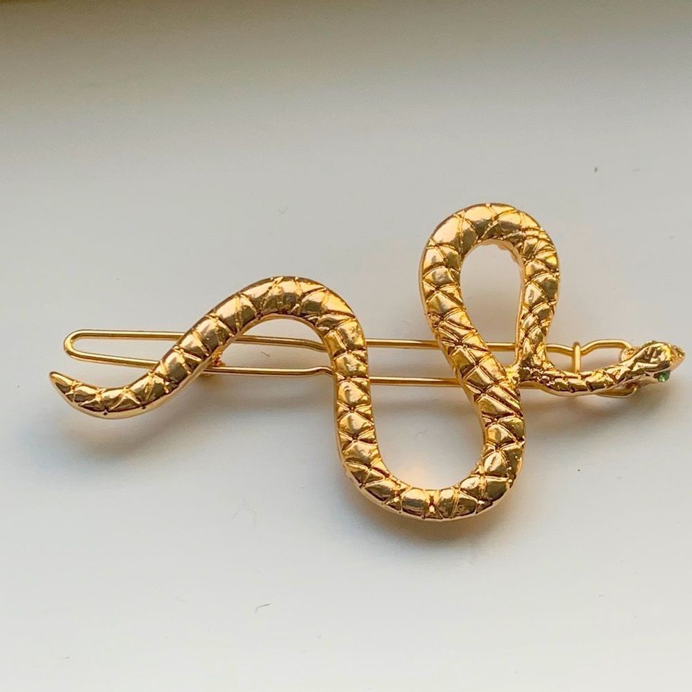 Snake Barrette with Green Eyes - Serpent Punk Edgy Gold Tone Hair Accessory